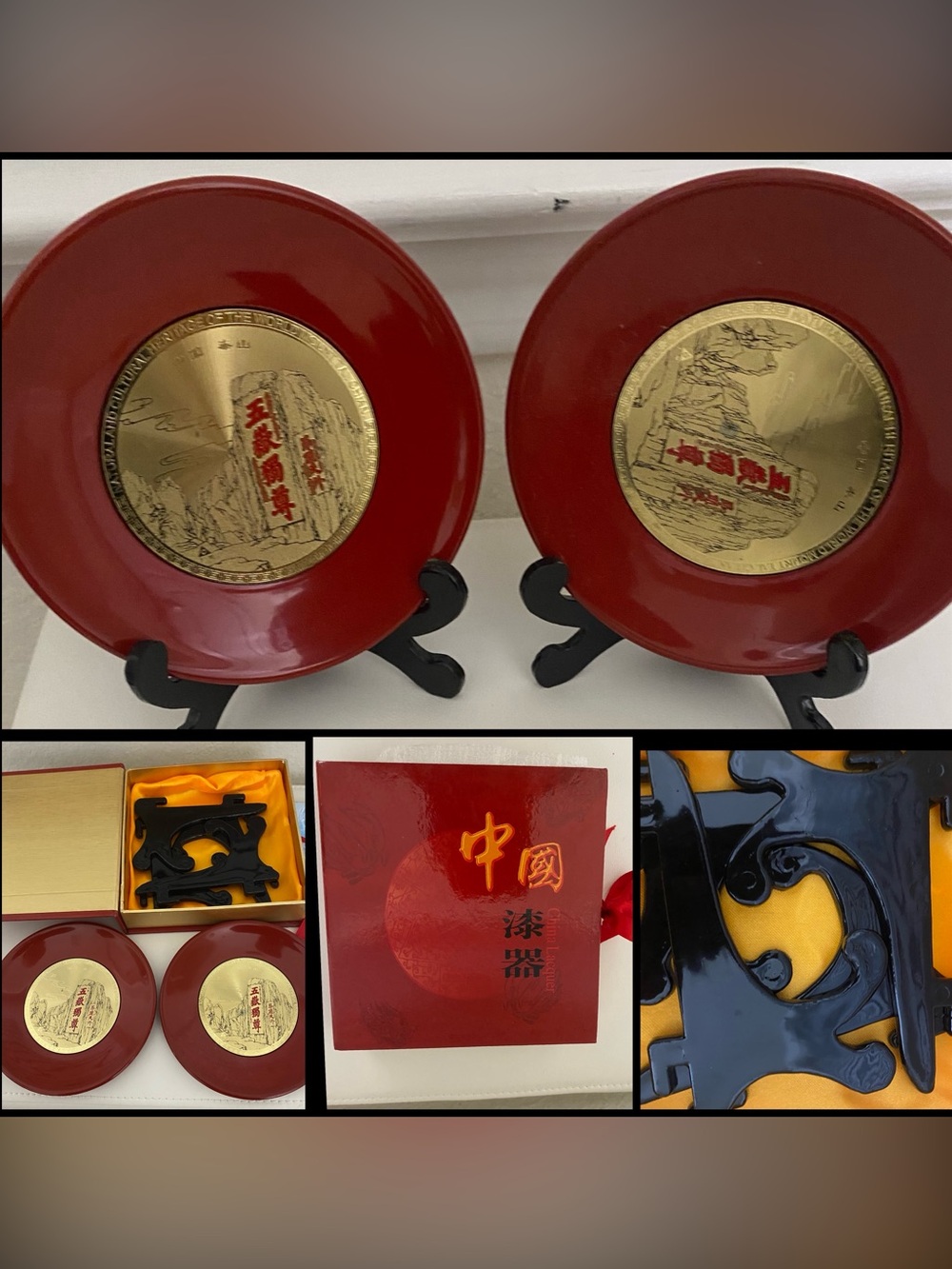 Vintage Chinese Red Lacquerware Commemorative Plates Boxed Set Mount Tai Taisha